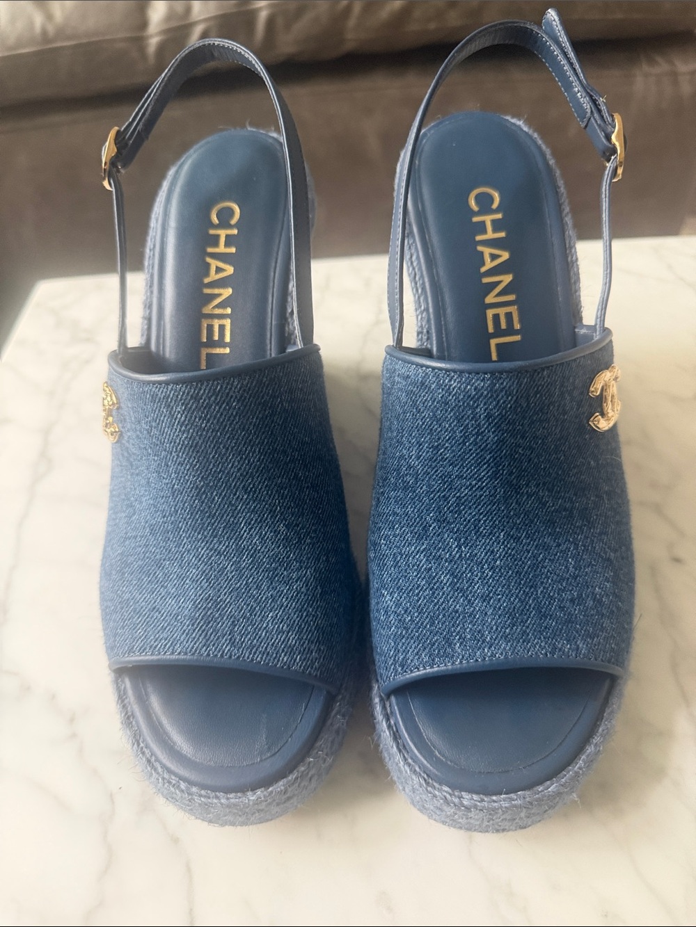 Chanel Denim CC Logo Espadrille Wedge Sandals Blue Size 38.5